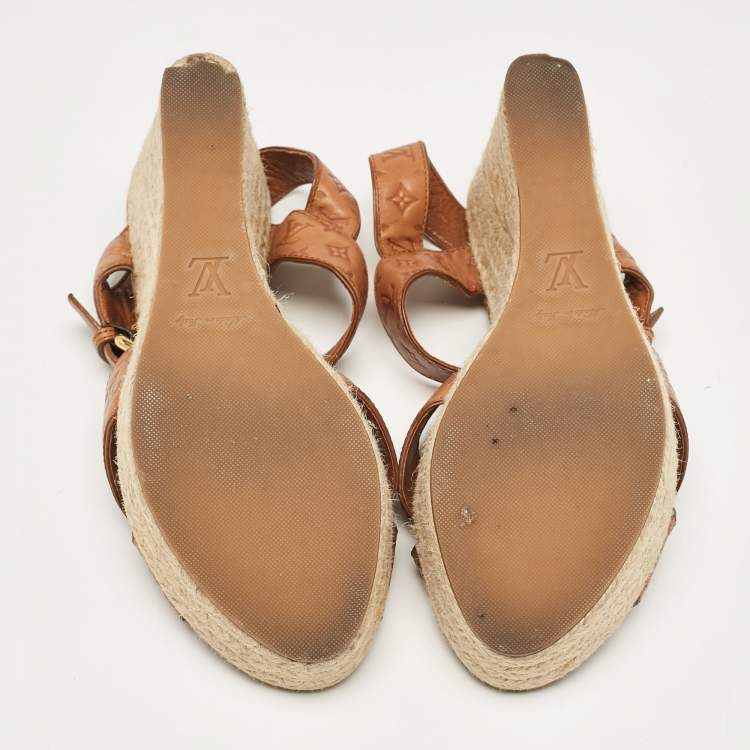 Pre Owned Louis Vuitton Tan Monogram Embossed Leather Espadrille Wedge Sandals Size 37