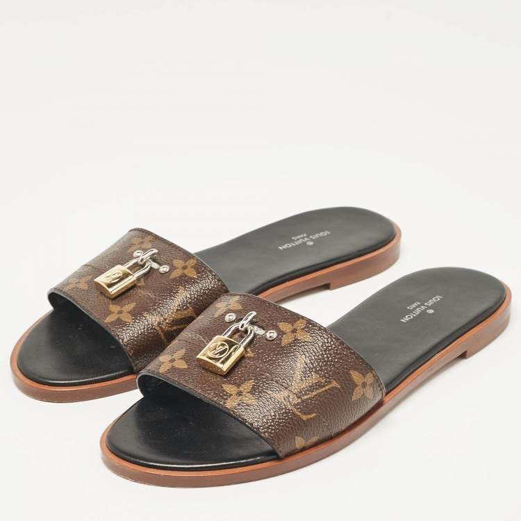 Pre Owned Louis Vuitton Brown Monogram Canvas Lock It Flat Slides Size 37
