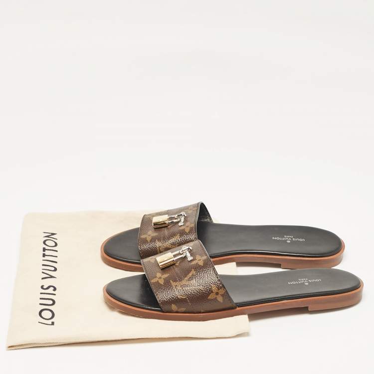 Pre Owned Louis Vuitton Brown Monogram Canvas Lock It Flat Slides Size 37