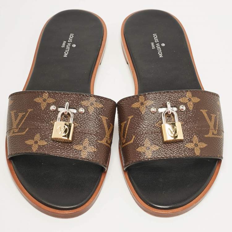 Pre Owned Louis Vuitton Brown Monogram Canvas Lock It Flat Slides Size 37