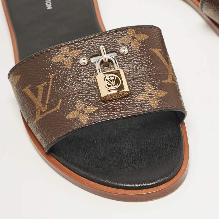 Pre Owned Louis Vuitton Brown Monogram Canvas Lock It Flat Slides Size 37