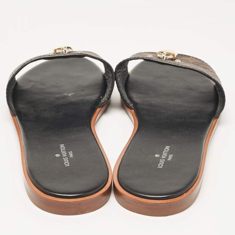 Pre Owned Louis Vuitton Brown Monogram Canvas Lock It Flat Slides Size 37