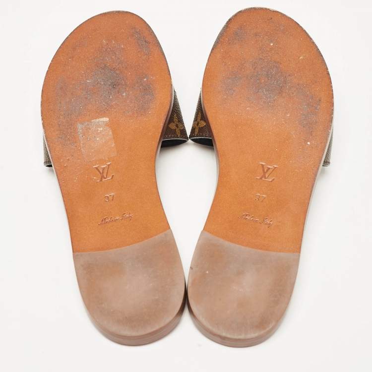 Pre Owned Louis Vuitton Brown Monogram Canvas Lock It Flat Slides Size 37
