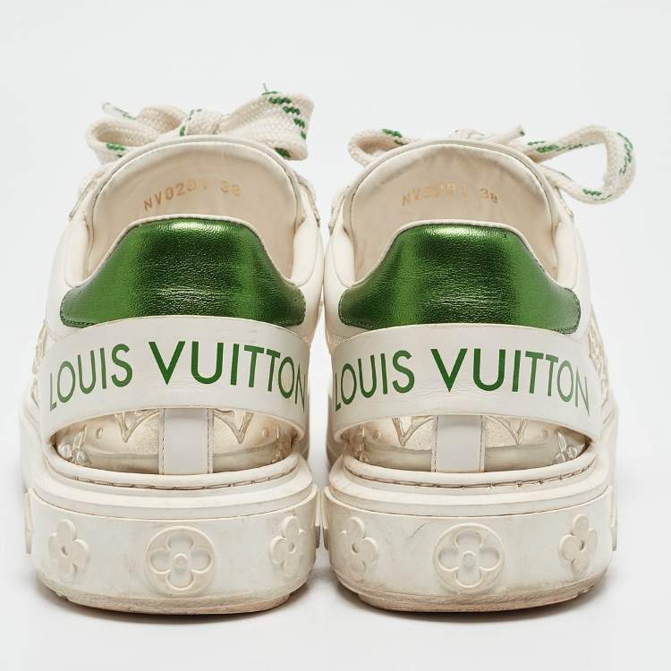 Pre Owned Louis Vuitton White/Green Monogram Leather and PVC Time Out Sneakers Size 38