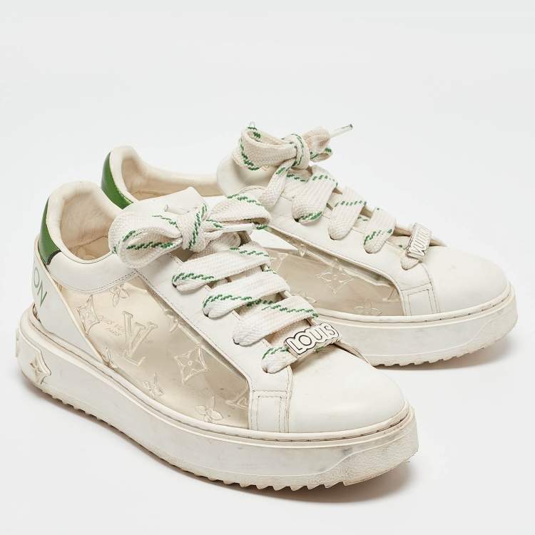 Pre Owned Louis Vuitton White/Green Monogram Leather and PVC Time Out Sneakers Size 38