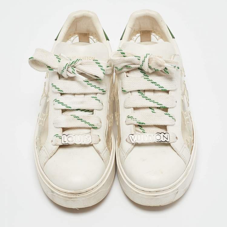 Pre Owned Louis Vuitton White/Green Monogram Leather and PVC Time Out Sneakers Size 38
