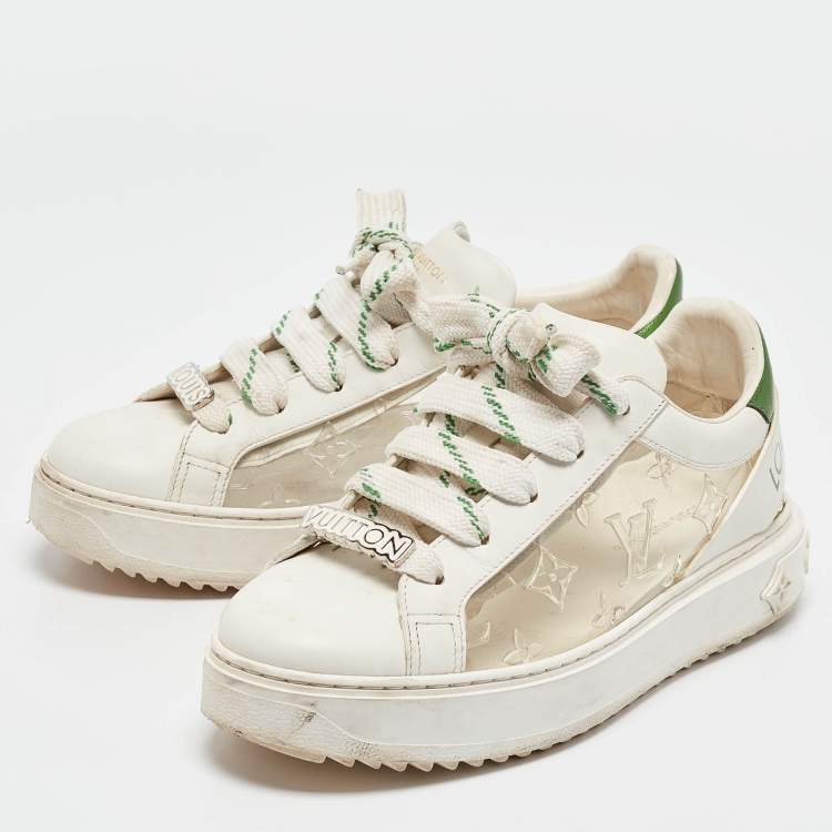 Pre Owned Louis Vuitton White/Green Monogram Leather and PVC Time Out Sneakers Size 38