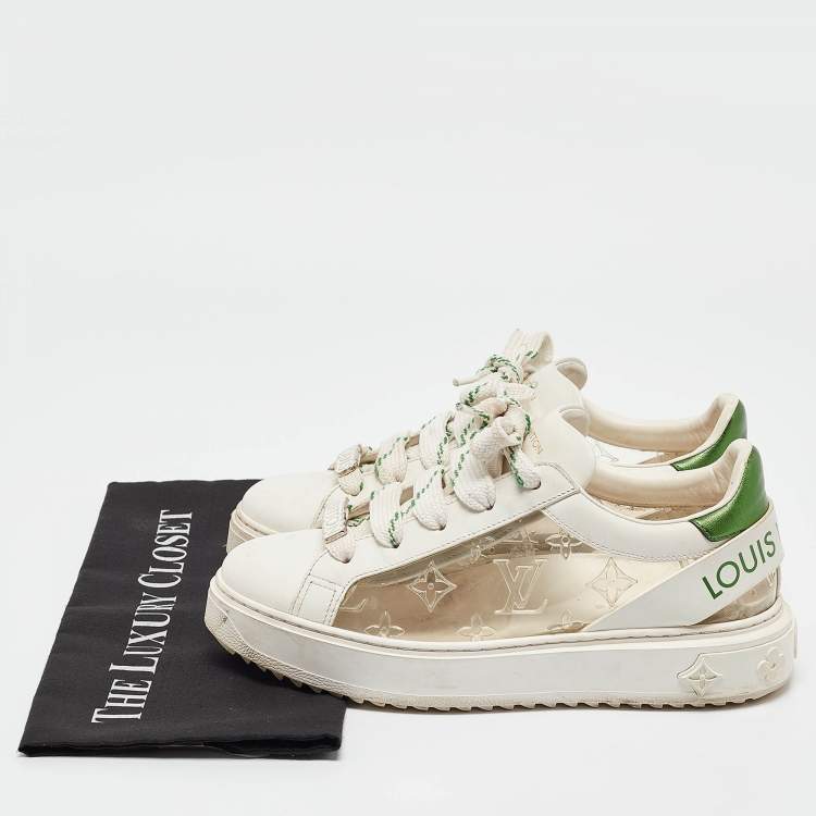 Pre Owned Louis Vuitton White/Green Monogram Leather and PVC Time Out Sneakers Size 38