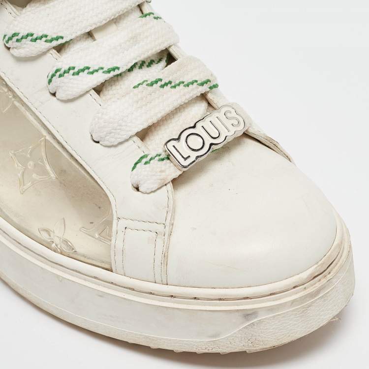 Pre Owned Louis Vuitton White/Green Monogram Leather and PVC Time Out Sneakers Size 38