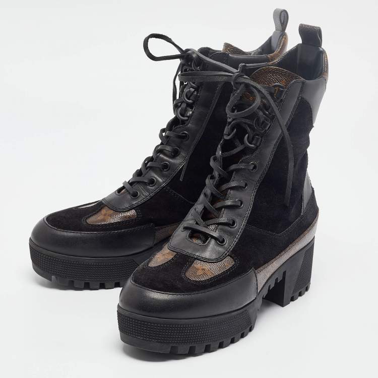 Pre Owned Louis Vuitton Black Suede and Monogram Canvas Laureate Desert Boots Size 39