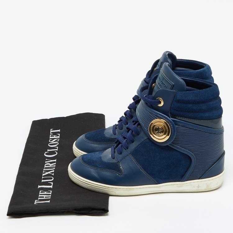 Pre Owned Louis Vuitton Blue Epi Leather and Suede Postmark Wedge Sneakers Size 36