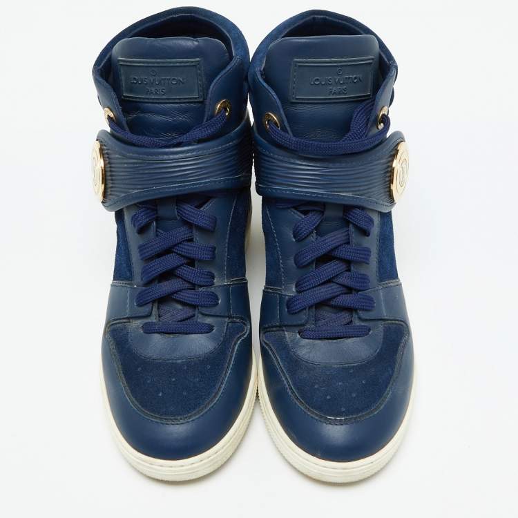 Pre Owned Louis Vuitton Blue Epi Leather and Suede Postmark Wedge Sneakers Size 36