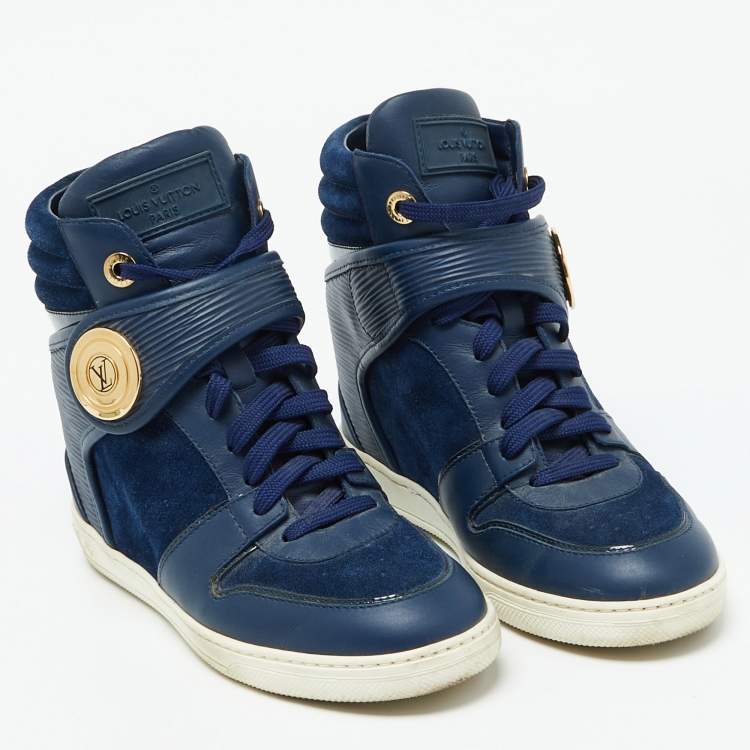 Pre Owned Louis Vuitton Blue Epi Leather and Suede Postmark Wedge Sneakers Size 36