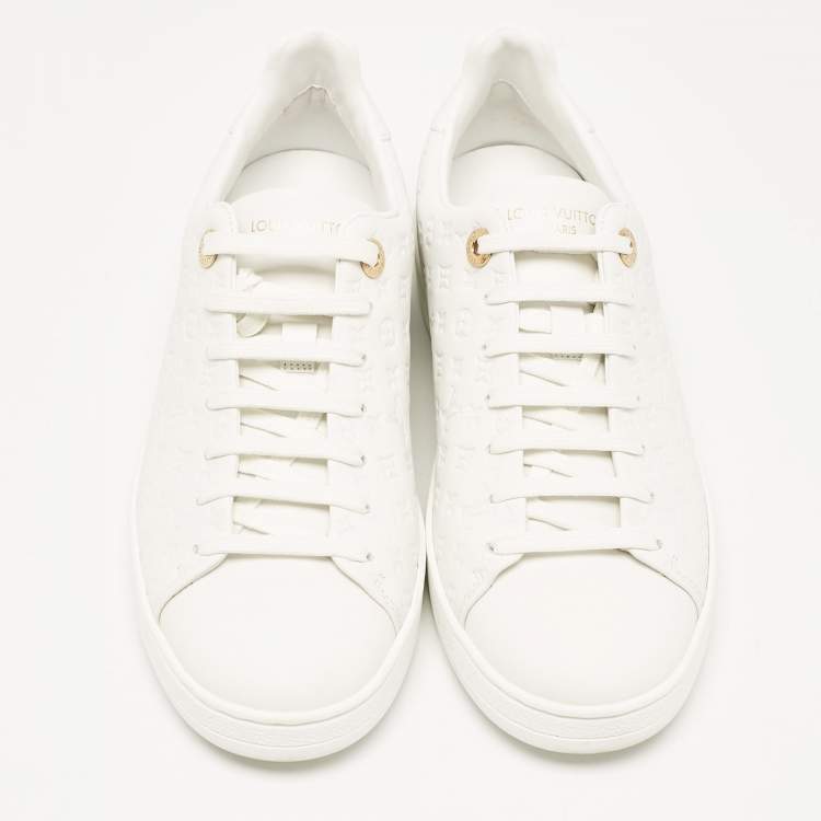 Pre Owned Louis Vuitton White Monogram Debossed Leather Frontrow Sneakers Size 37.5