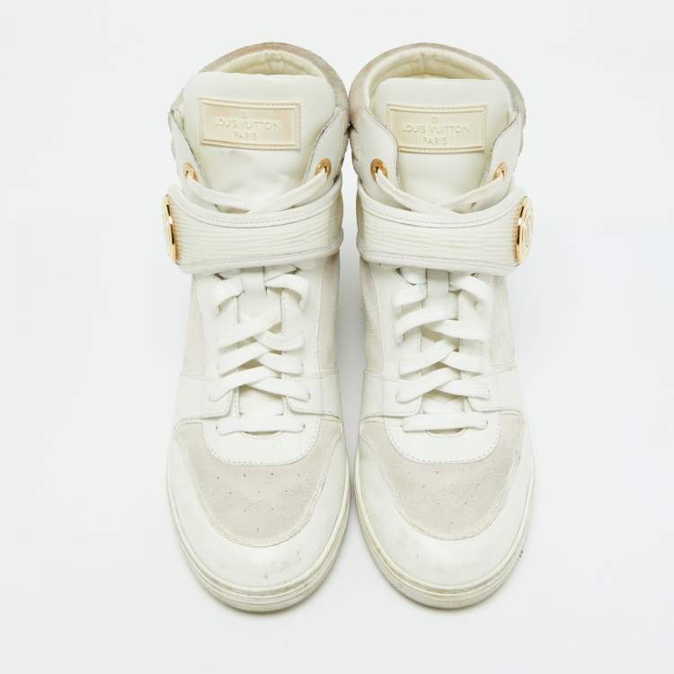 Pre Owned Louis Vuitton White Epi Leather and Suede Postmark Wedge Sneakers Size 39