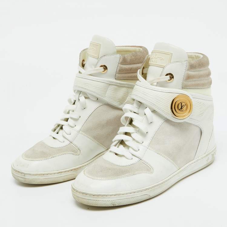 Pre Owned Louis Vuitton White Epi Leather and Suede Postmark Wedge Sneakers Size 39