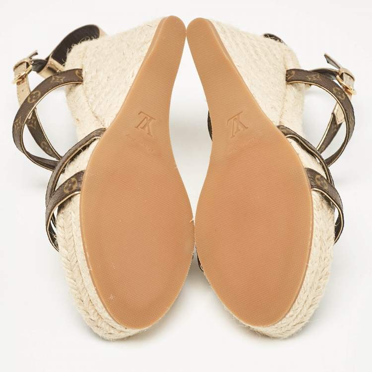 Pre Owned Louis Vuitton Gold Monogram Canvas and Leather Bahamas Wedge Sandals Size 37