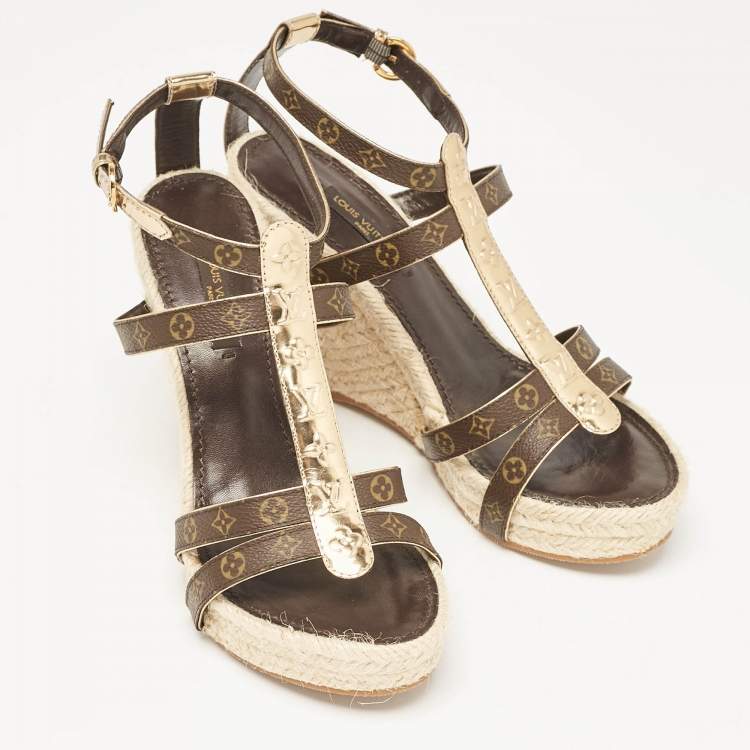 Pre Owned Louis Vuitton Gold Monogram Canvas and Leather Bahamas Wedge Sandals Size 37