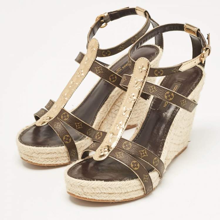 Pre Owned Louis Vuitton Gold Monogram Canvas and Leather Bahamas Wedge Sandals Size 37