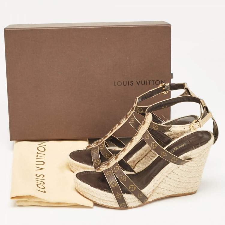Pre Owned Louis Vuitton Gold Monogram Canvas and Leather Bahamas Wedge Sandals Size 37