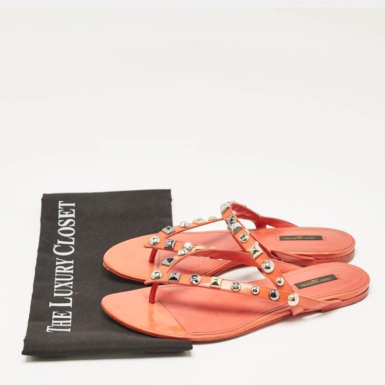 Pre Owned Louis Vuitton Orange Patent Leather Studded Thong Flats Size 40
