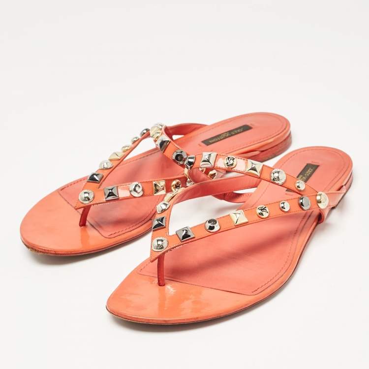 Pre Owned Louis Vuitton Orange Patent Leather Studded Thong Flats Size 40