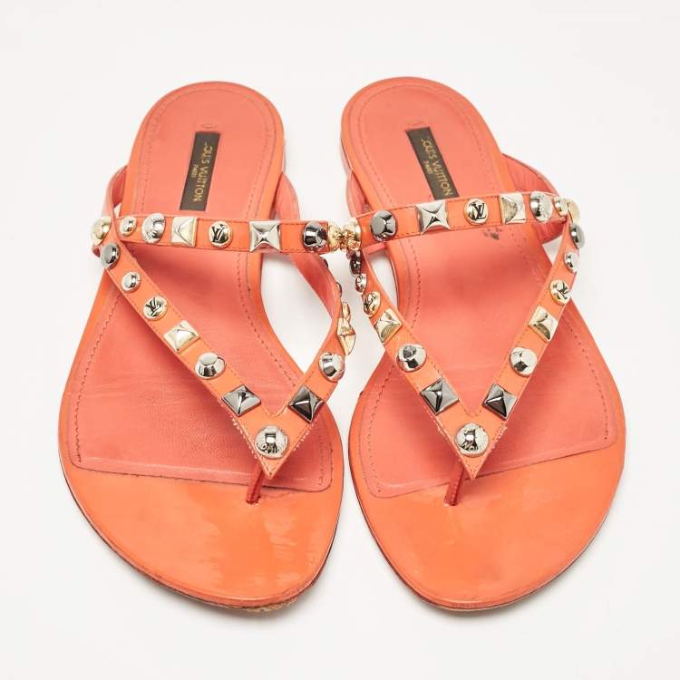 Pre Owned Louis Vuitton Orange Patent Leather Studded Thong Flats Size 40