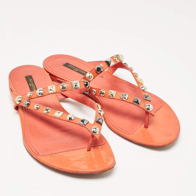 Pre Owned Louis Vuitton Orange Patent Leather Studded Thong Flats Size 40