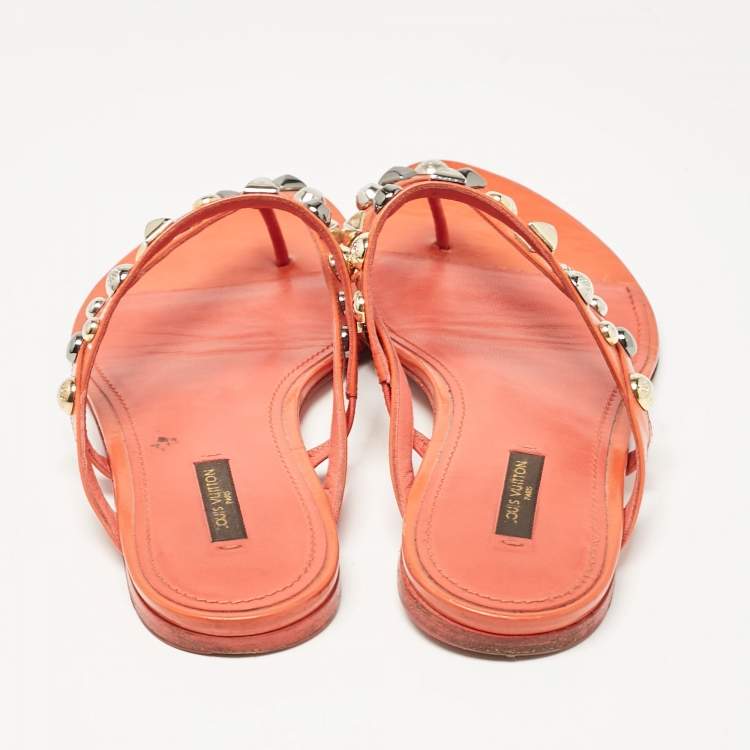 Pre Owned Louis Vuitton Orange Patent Leather Studded Thong Flats Size 40