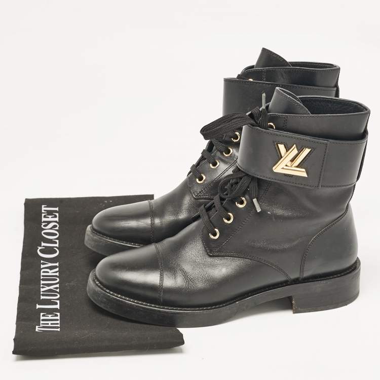 Pre Owned Louis Vuitton Black Leather Wonderland Flat Ranger Ankle Length Boots Size 38