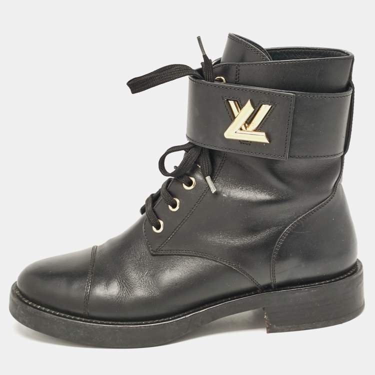 Pre Owned Louis Vuitton Black Leather Wonderland Flat Ranger Ankle Length Boots Size 38