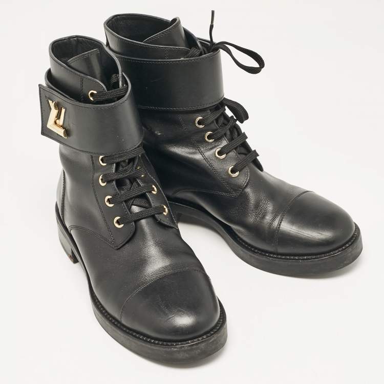 Pre Owned Louis Vuitton Black Leather Wonderland Flat Ranger Ankle Length Boots Size 38