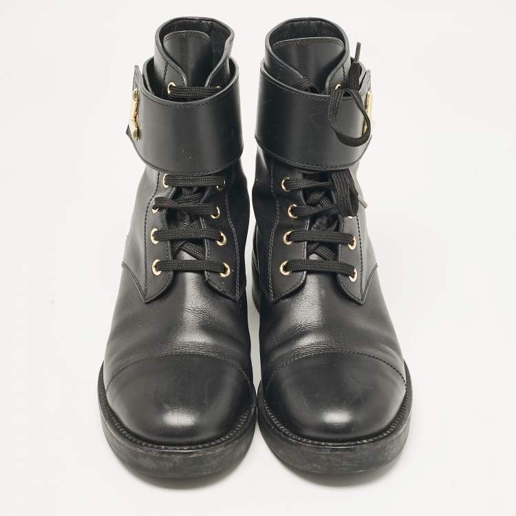 Pre Owned Louis Vuitton Black Leather Wonderland Flat Ranger Ankle Length Boots Size 38