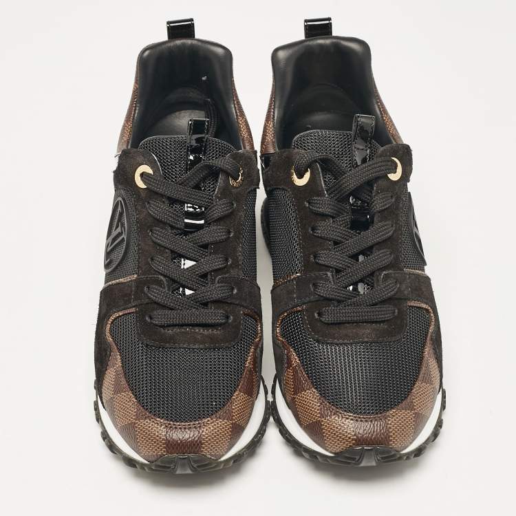 Pre Owned Louis Vuitton Black/Brown Mesh and Damier Ebene Canvas Run Away Sneakers Size 37
