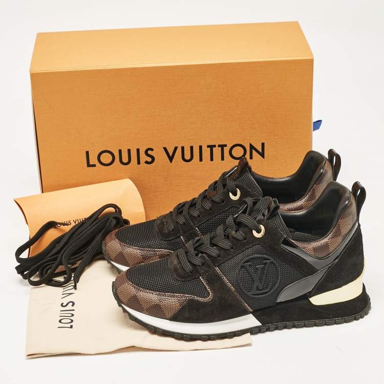 Pre Owned Louis Vuitton Black/Brown Mesh and Damier Ebene Canvas Run Away Sneakers Size 37