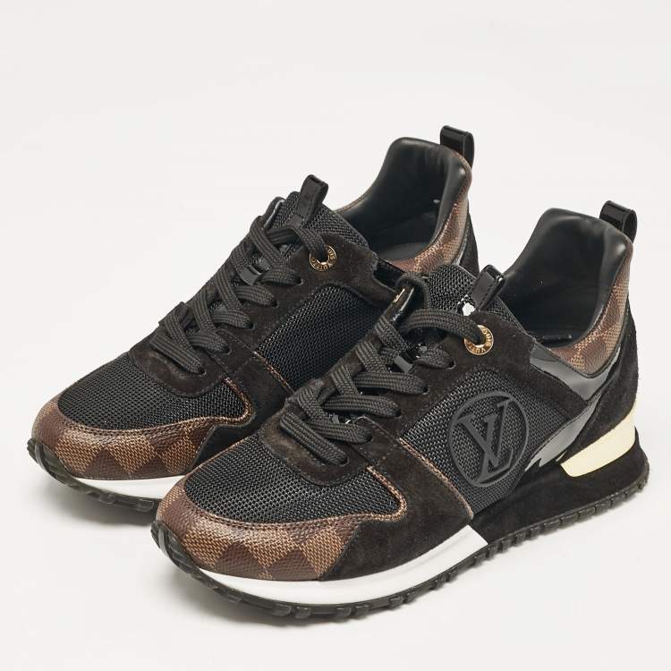 Pre Owned Louis Vuitton Black/Brown Mesh and Damier Ebene Canvas Run Away Sneakers Size 37