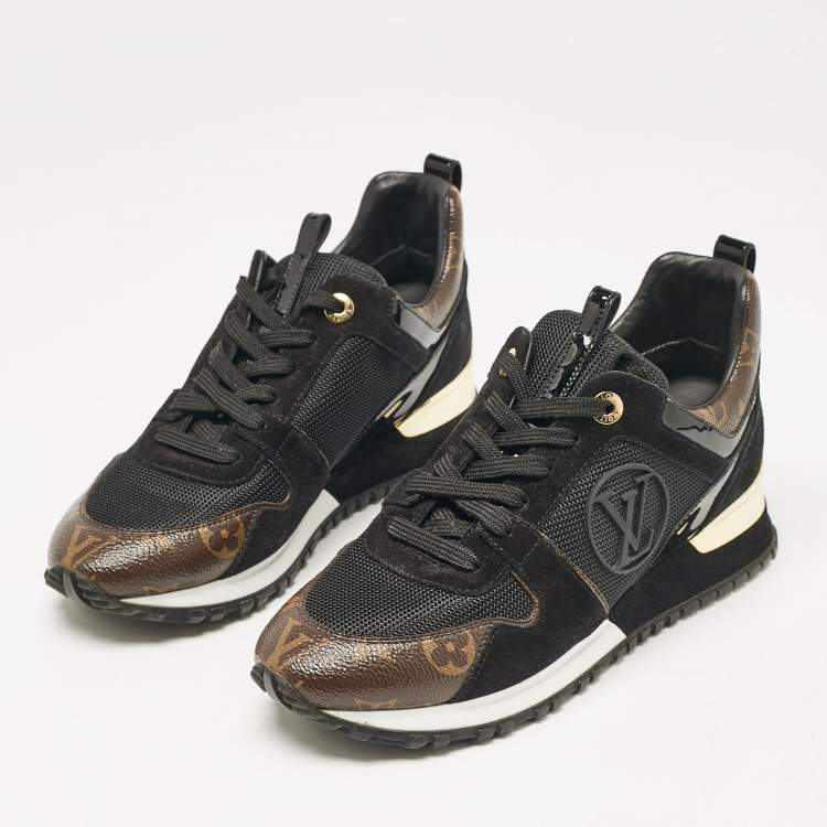 Pre Owned Louis Vuitton Black/Brown Mesh and Monogram Canvas Run Away Sneakers Size 38