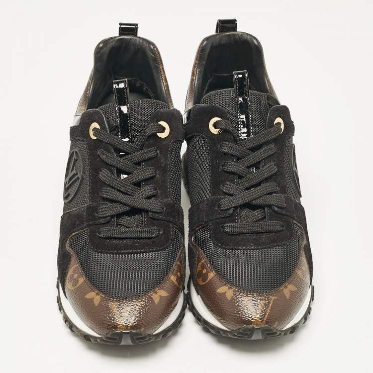 Pre Owned Louis Vuitton Black/Brown Mesh and Monogram Canvas Run Away Sneakers Size 38