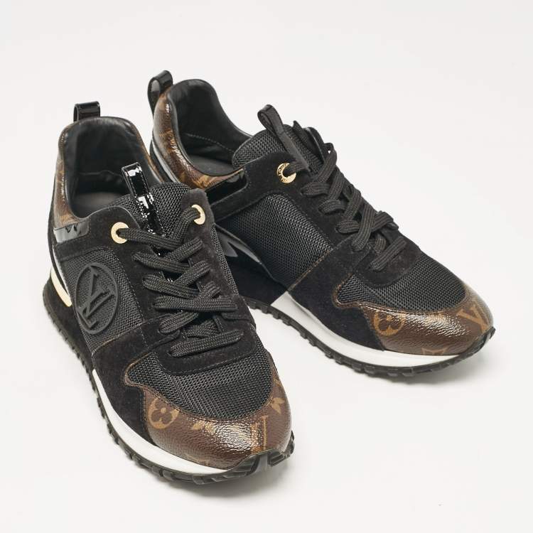 Pre Owned Louis Vuitton Black/Brown Mesh and Monogram Canvas Run Away Sneakers Size 38