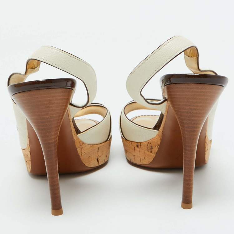 Pre Owned Louis Vuitton White Leather Buckle Cork Platform Slingback Sandals Size 40