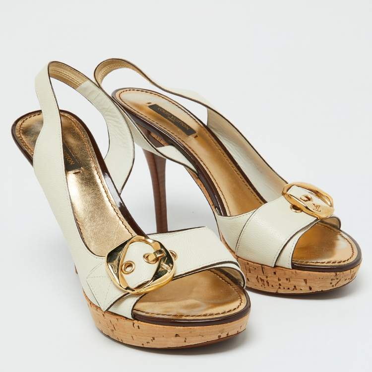 Pre Owned Louis Vuitton White Leather Buckle Cork Platform Slingback Sandals Size 40