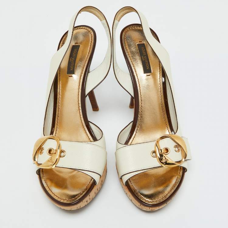 Pre Owned Louis Vuitton White Leather Buckle Cork Platform Slingback Sandals Size 40