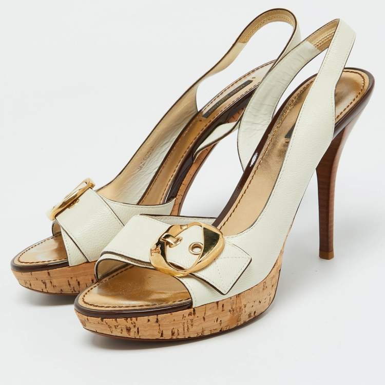 Pre Owned Louis Vuitton White Leather Buckle Cork Platform Slingback Sandals Size 40
