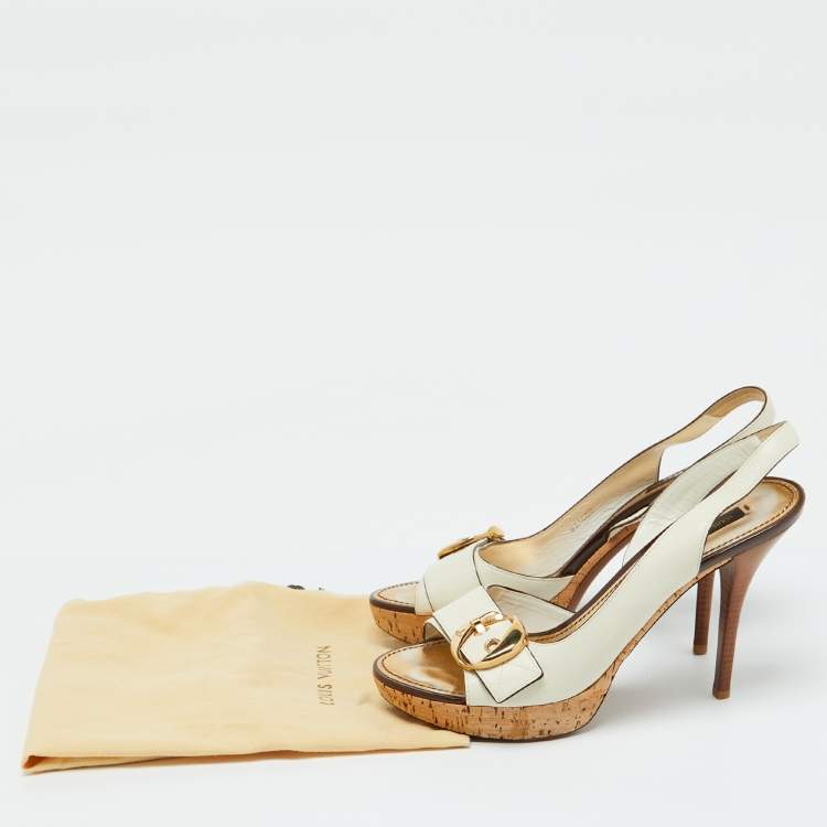 Pre Owned Louis Vuitton White Leather Buckle Cork Platform Slingback Sandals Size 40