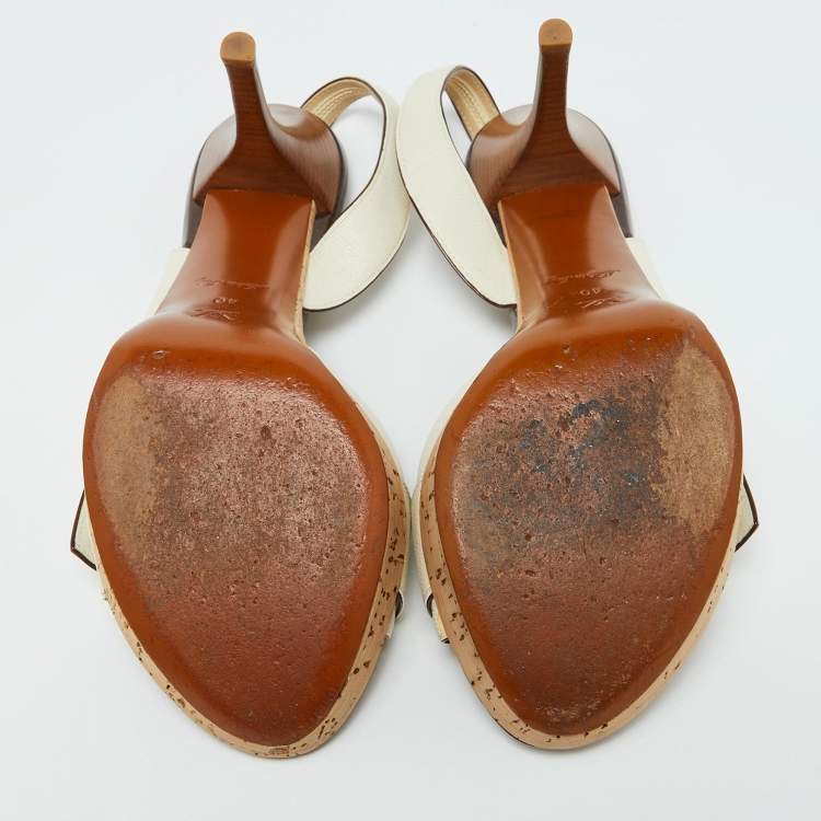 Pre Owned Louis Vuitton White Leather Buckle Cork Platform Slingback Sandals Size 40