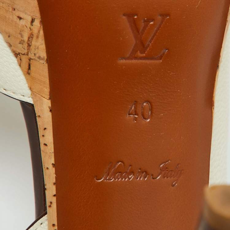 Pre Owned Louis Vuitton White Leather Buckle Cork Platform Slingback Sandals Size 40