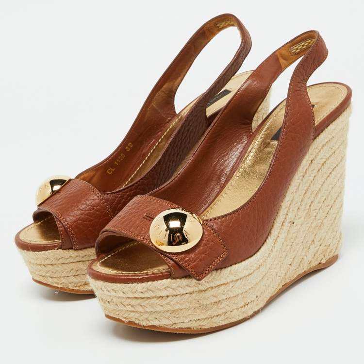 Pre Owned Louis Vuitton Brown Leather Espadrille Platform Wedge Slingback Sandals Size 39
