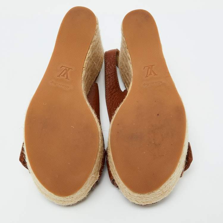 Pre Owned Louis Vuitton Brown Leather Espadrille Platform Wedge Slingback Sandals Size 39