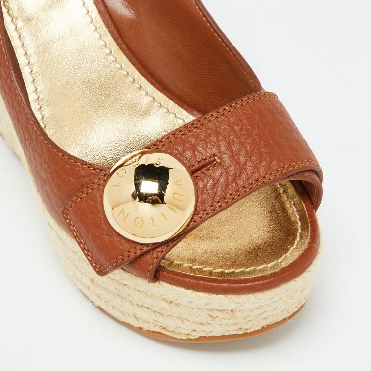 Pre Owned Louis Vuitton Brown Leather Espadrille Platform Wedge Slingback Sandals Size 39