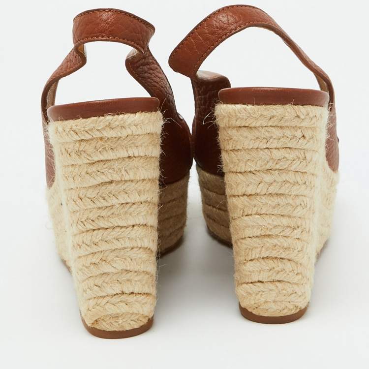 Pre Owned Louis Vuitton Brown Leather Espadrille Platform Wedge Slingback Sandals Size 39